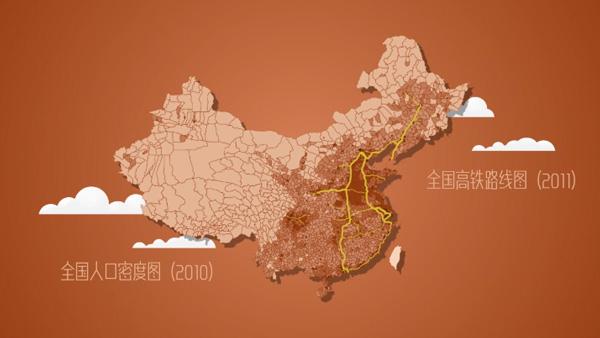 全国高铁路线图与人口密度图基本吻合，中国高铁优先在人口密度大的中东部地区布局。数据来源：哈佛大学地理分析中心