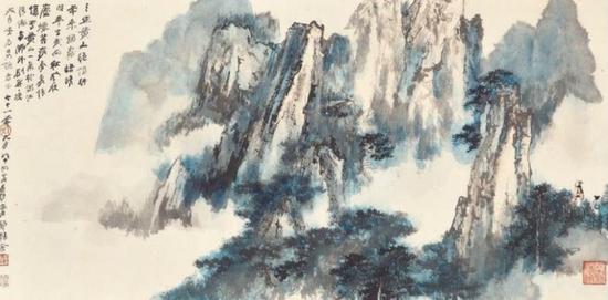 拍卖编号 1258
张大千(1899-1983) 《 黄山文笔生花》
镜框 水墨 设色纸本
56 x 107 公分(22 x 42 1/8 吋)
港元 2,200,000-2,800,000