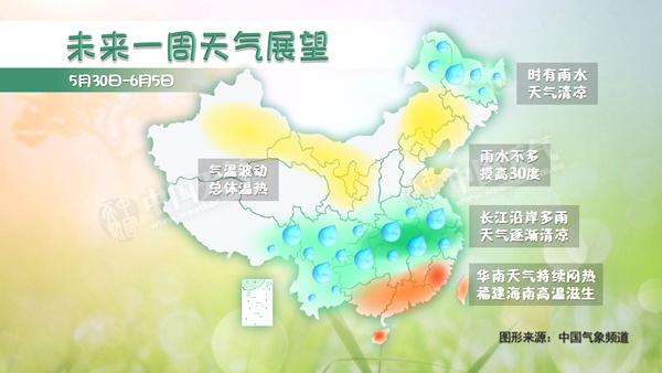 本周,长江中下游多雨,华南天气闷热。