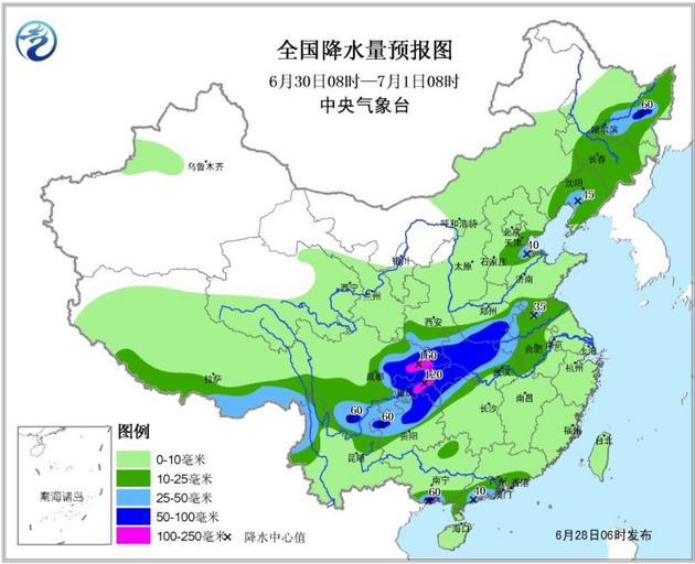 图3 全国降水量预报图(6月30日08时—7月1日08时)