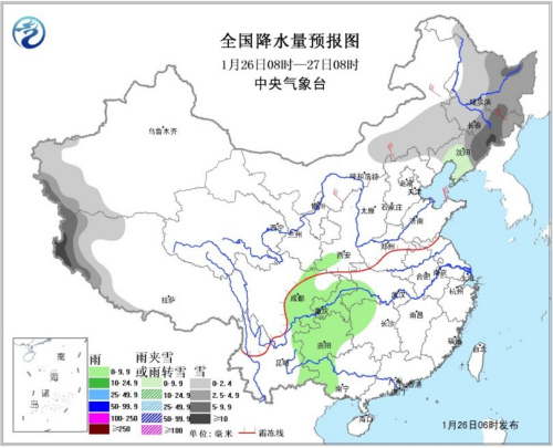 图1 全国降水量预报图(26日08时-27日08时)