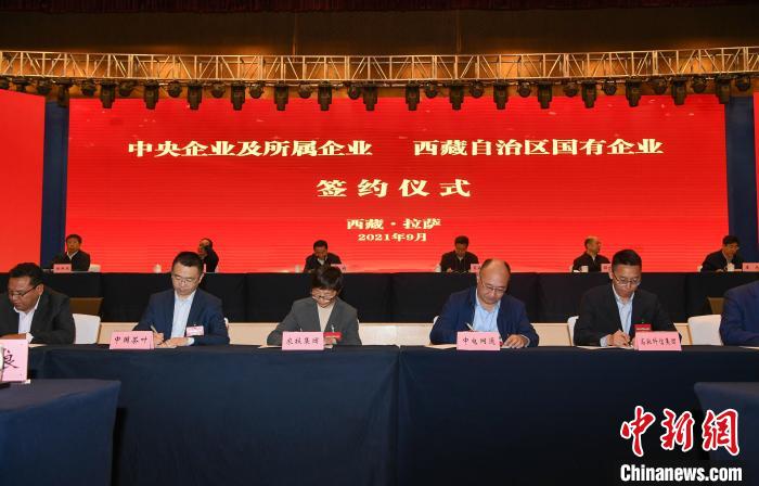 图为8家中央企业及所属企业与西藏自治区8家国有企业签署合资合作协议。贡嘎来松 摄